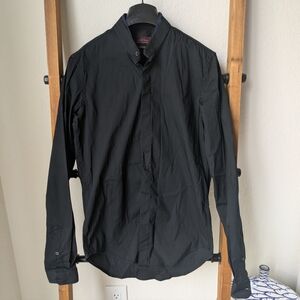 Zara Men's Black Super Slim Fit Button Down Shirt With Navy Collar Application